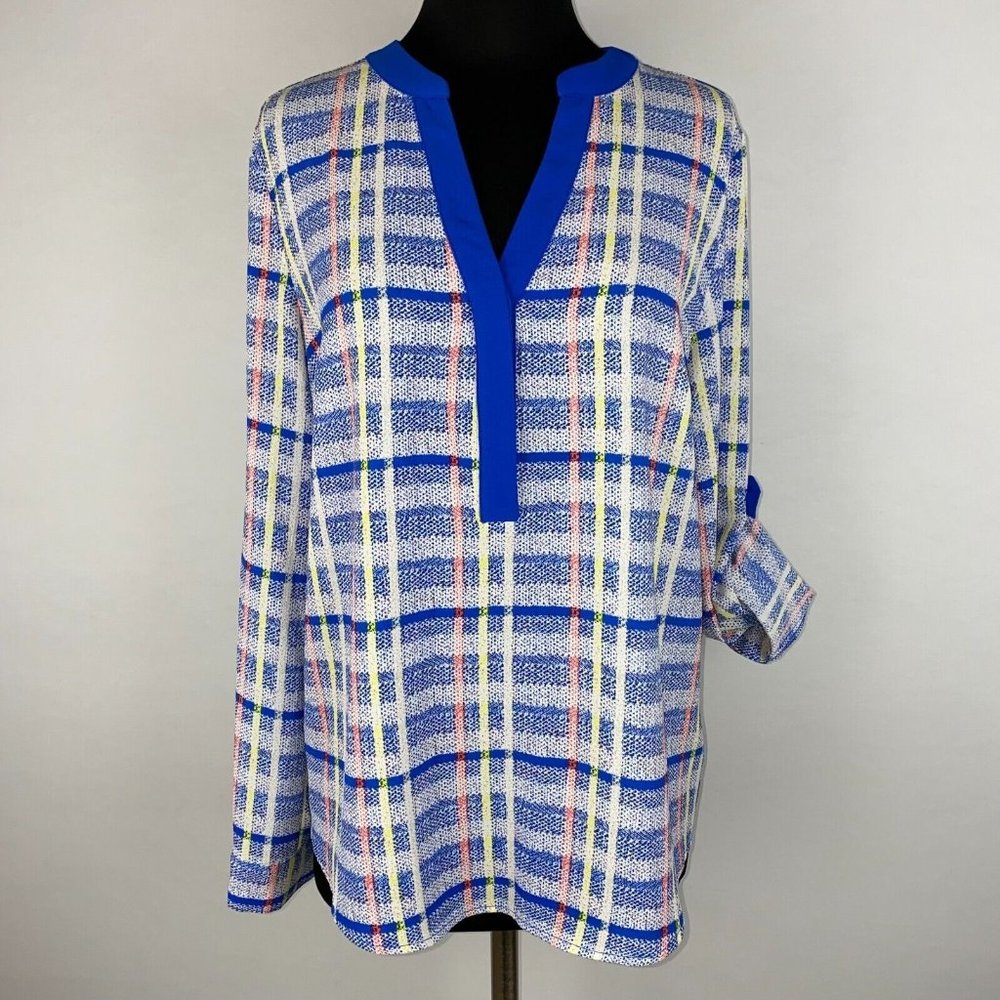 Pixley Stitch Fix L Plaid Abstract V-Neck Popover Blouse Roll Tab Sleeves